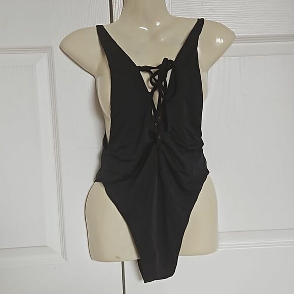 Myra Swim One Piece Bathing Suit Lace-Up, Low Back Black Small - Picture 5 of 16